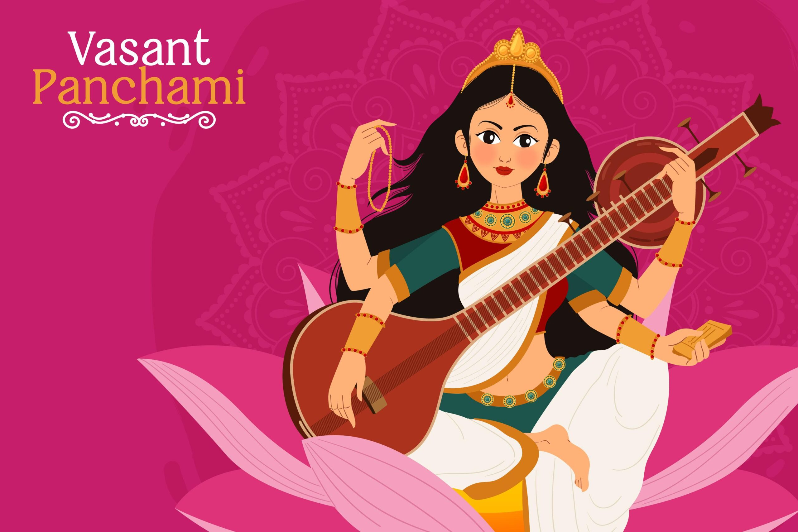 Devotees performing Saraswati Puja with Homam on Vasant Panchami, seeking divine blessings for wisdom and spiritual growth.