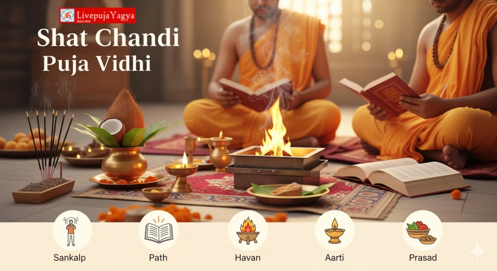 Shat Chandi Puja Vidhi rituals including Sankalp, Path, Yagya, and Aarti