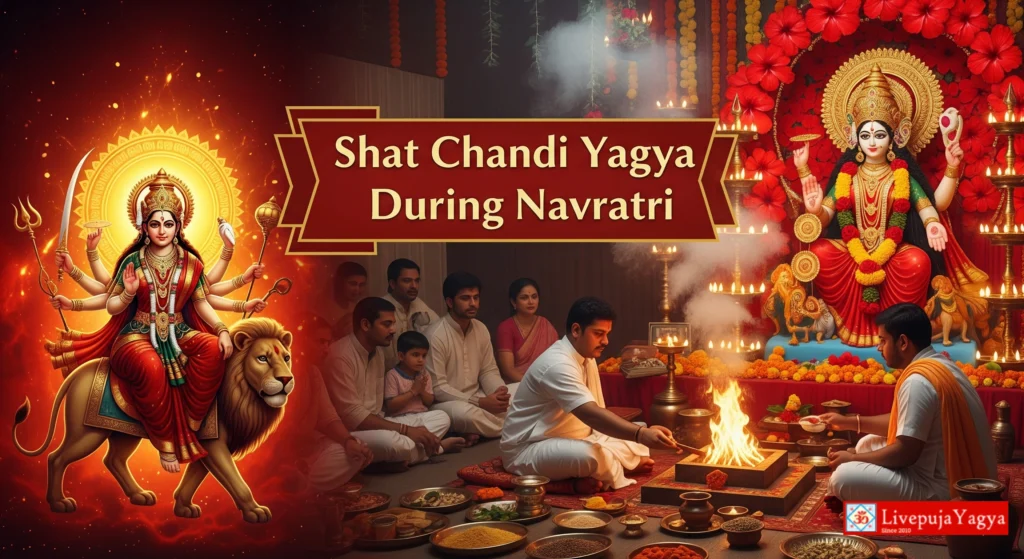 Shat Chandi Yagya during Navratri with fire ritual and Goddess Durga worship