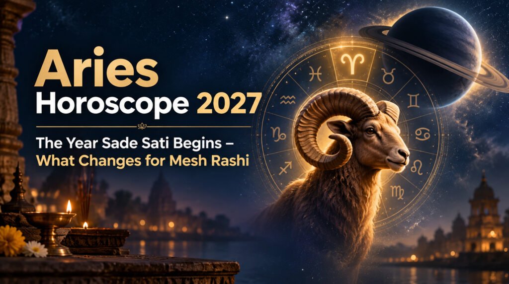 Aries Horoscope 2027: The Year Sade Sati Begins - What Changes for Mesh Rashi A fiery ram symbol with astrological charts and stars for Aries horoscope 2027