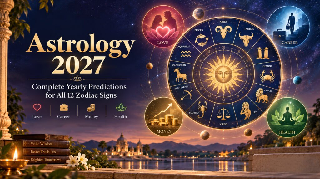 Zodiac wheel with symbols and glowing stars representing astrology 2027 predictions