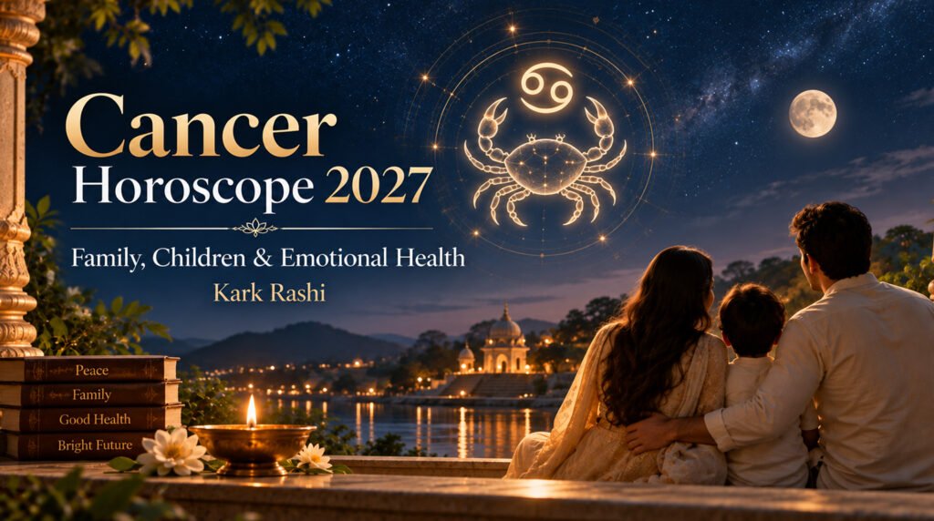 Cancer Horoscope 2027: Family, Children & Emotional Health Forecast for Kark Rashi A family enjoying time together outdoors under a glowing Cancer horoscope 2027 symbol