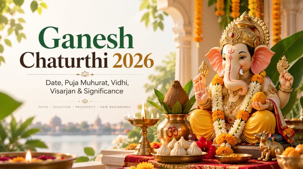 Ganesh Chaturthi 2026: Date, Puja Muhurat, Vidhi, Visarjan & Significance Colorful Ganesh idol decorated with flowers during Ganesh Chaturthi 2026 celebrations