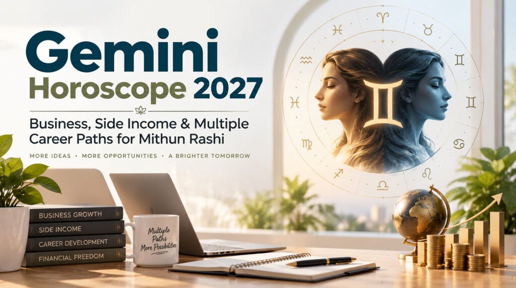 Gemini Horoscope 2027: Business, Side Income & Multiple Career Paths for Mithun Rashi A Gemini zodiac symbol with business icons and career path illustrations for Gemini horoscope 2027