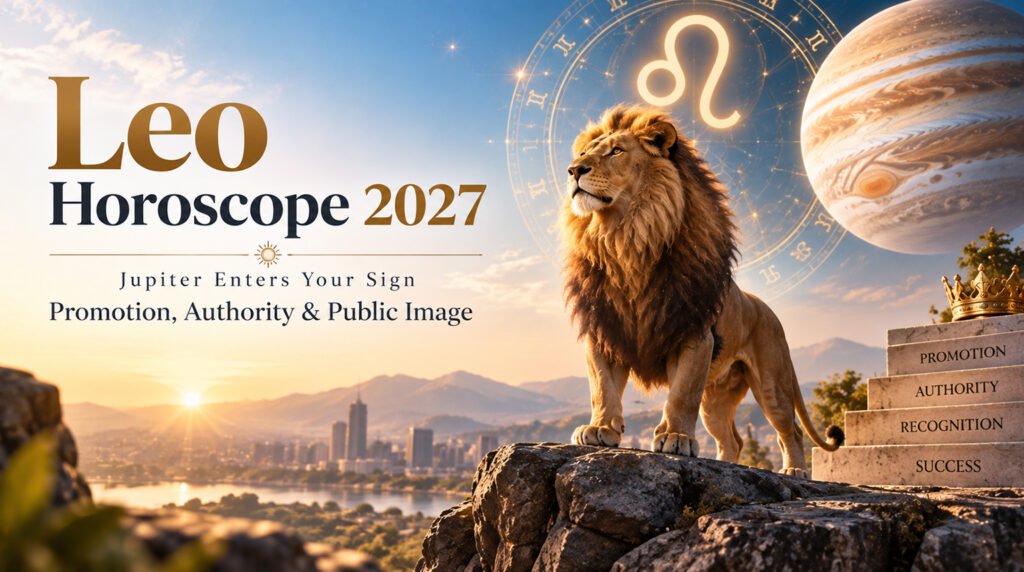 Leo Horoscope 2027: Jupiter Enters Your Sign - Promotion, Authority & Public Image A confident Leo figure under a glowing Jupiter planet in a starry sky