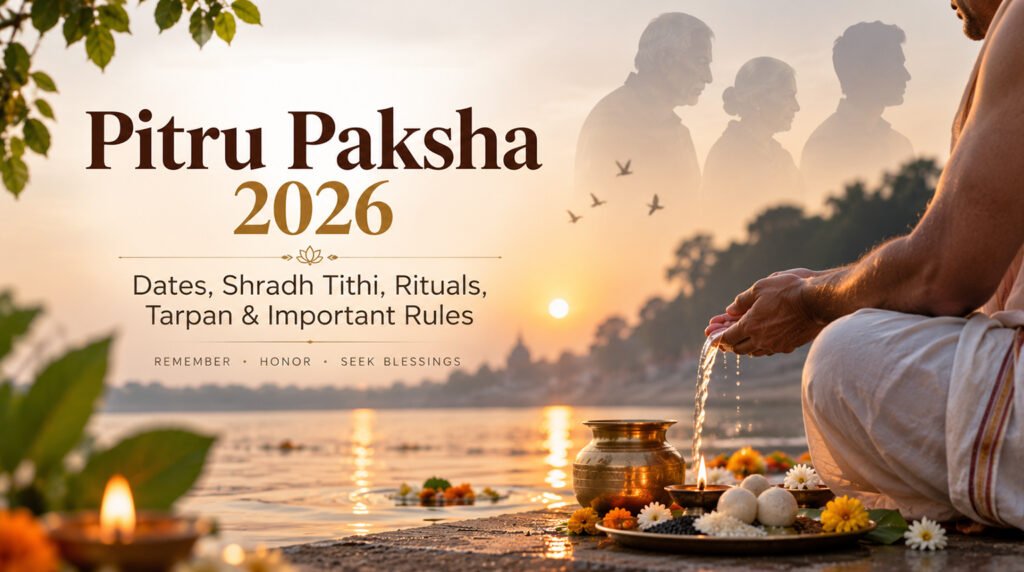 Family performing Pitru Paksha 2026 rituals with offerings and water near a riverbank