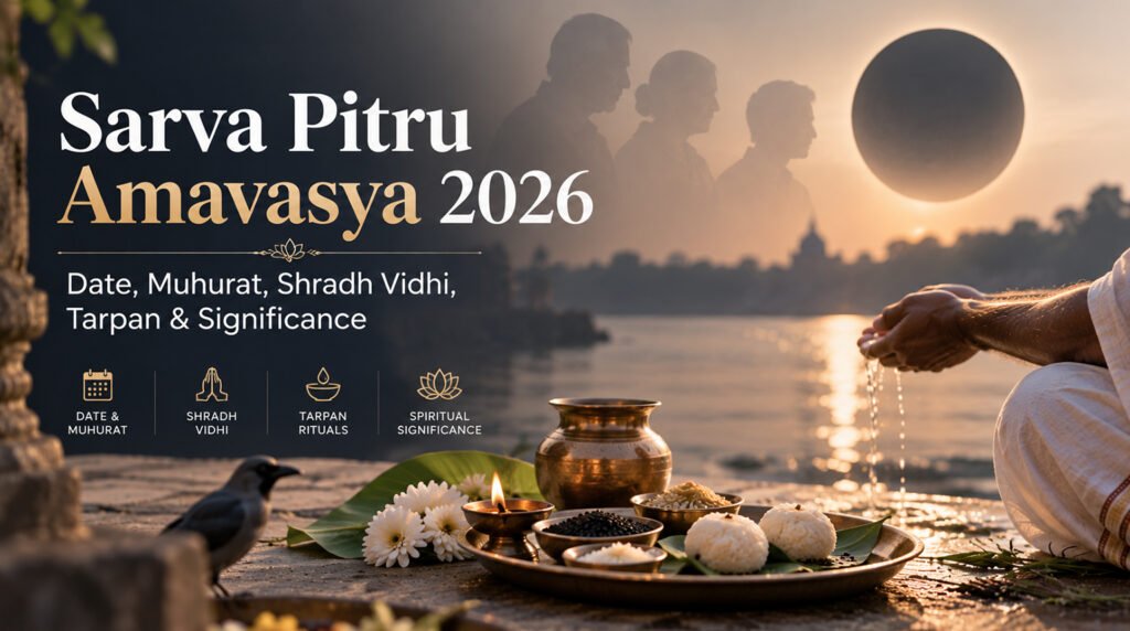 A priest performing Sarva Pitru Amavasya 2026 rituals near a riverbank with offerings