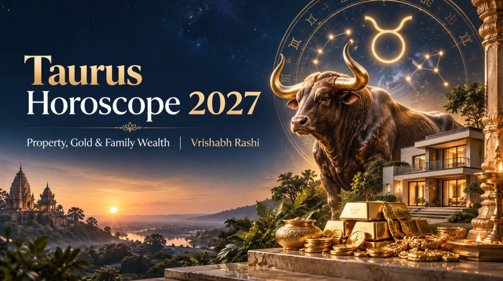 Taurus Horoscope 2027: A Property, Gold & Family Wealth Year for Vrishabh Rashi A Taurus symbol surrounded by gold coins, a house model, and family figures representing Taurus horoscope 2027